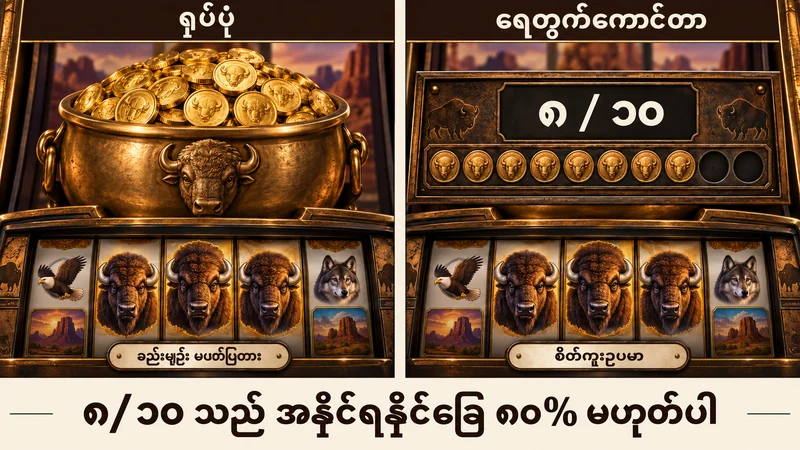 စိတ်ကူးနမူနာ slot ပုံတွင် coin pot ရုပ်ပုံနှင့် 8/10 token counter ကို နှိုင်းယှဉ်ပြီး 80ရာခိုင်နှုန်းအနိုင်ရနိုင်ခြေဟု မဖတ်ရန် ဖော်ပြထားသည်
