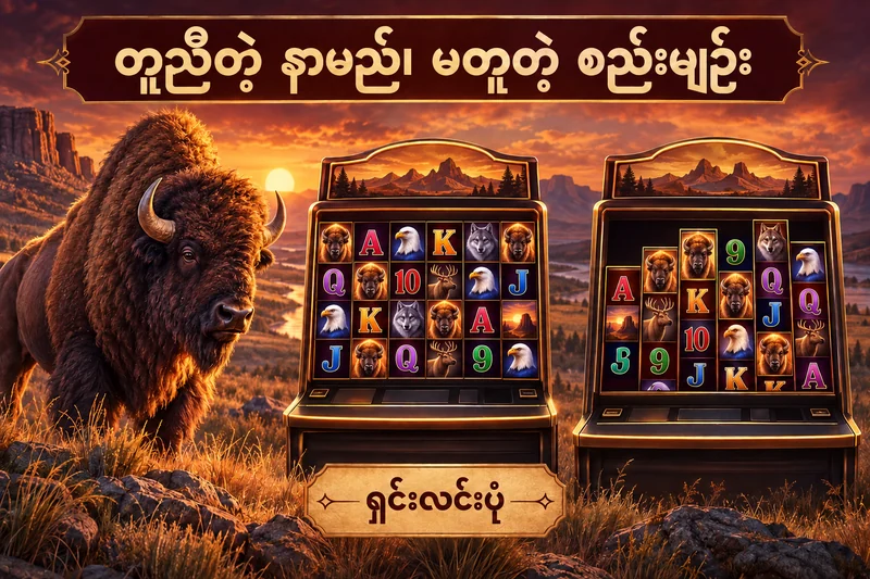 Buffalo King နှင့် Megaways: နာမည်တူသလို ထင်ရပေမယ့် အနိုင်တွက်ပုံ ဘာကွာသလဲ အတွက် ခေါင်းစီးသရုပ်ဖော်ပုံ၊ စိတ်ကူးနမူနာဖြစ်ပြီး တကယ့်ဂိမ်းမျက်နှာပြင်မဟုတ်ပါ။