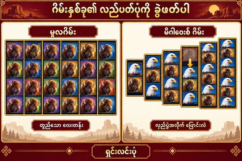 Buffalo King နှင့် Megaways: နာမည်တူသလို ထင်ရပေမယ့် အနိုင်တွက်ပုံ ဘာကွာသလဲ အတွက် ရှင်းလင်းပုံ၊ စိတ်ကူးနမူနာဖြစ်ပြီး တကယ့်ဂိမ်းမျက်နှာပြင်မဟုတ်ပါ။